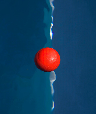 Red Ball Toes the Line,  40"H x 32"W,  in white wood frame with 8-ply matte